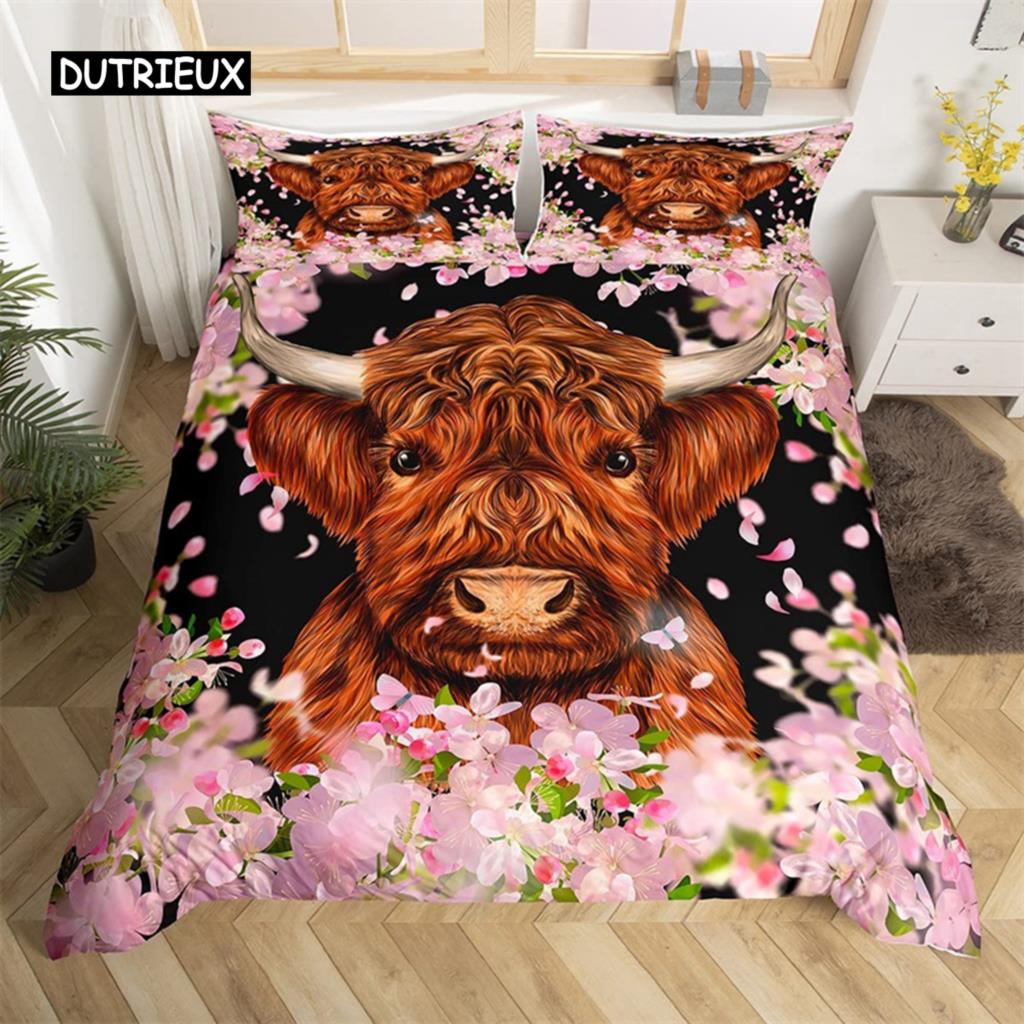 Highland Cow Bedding Set Polyester Bull Cattle Flowers Quilt Cover Western Wild Animal Duvet Cover Farmhouse Cow Bedspread Cover
