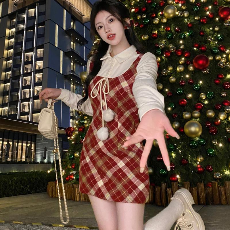 

Преппи новогоднее А-силуэтное платье-двойка - Стройнящая драпированная короткая юбка для осени и зимы Large