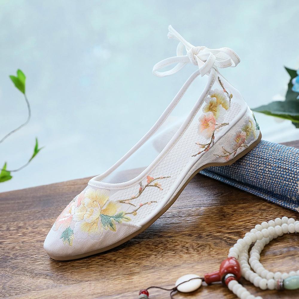 Long Ankle Strap Summer Women Gauze Mesh Embroidered Ballet Flats Breathable Comfortable Walking Shoes for Elegant Lady 40 белый