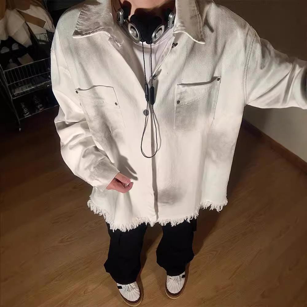 White Denim Jacket Men's Spring and Autumn American Retro Trendy Brand Design Sense Destruction Rough Lapel Tooling Jacket