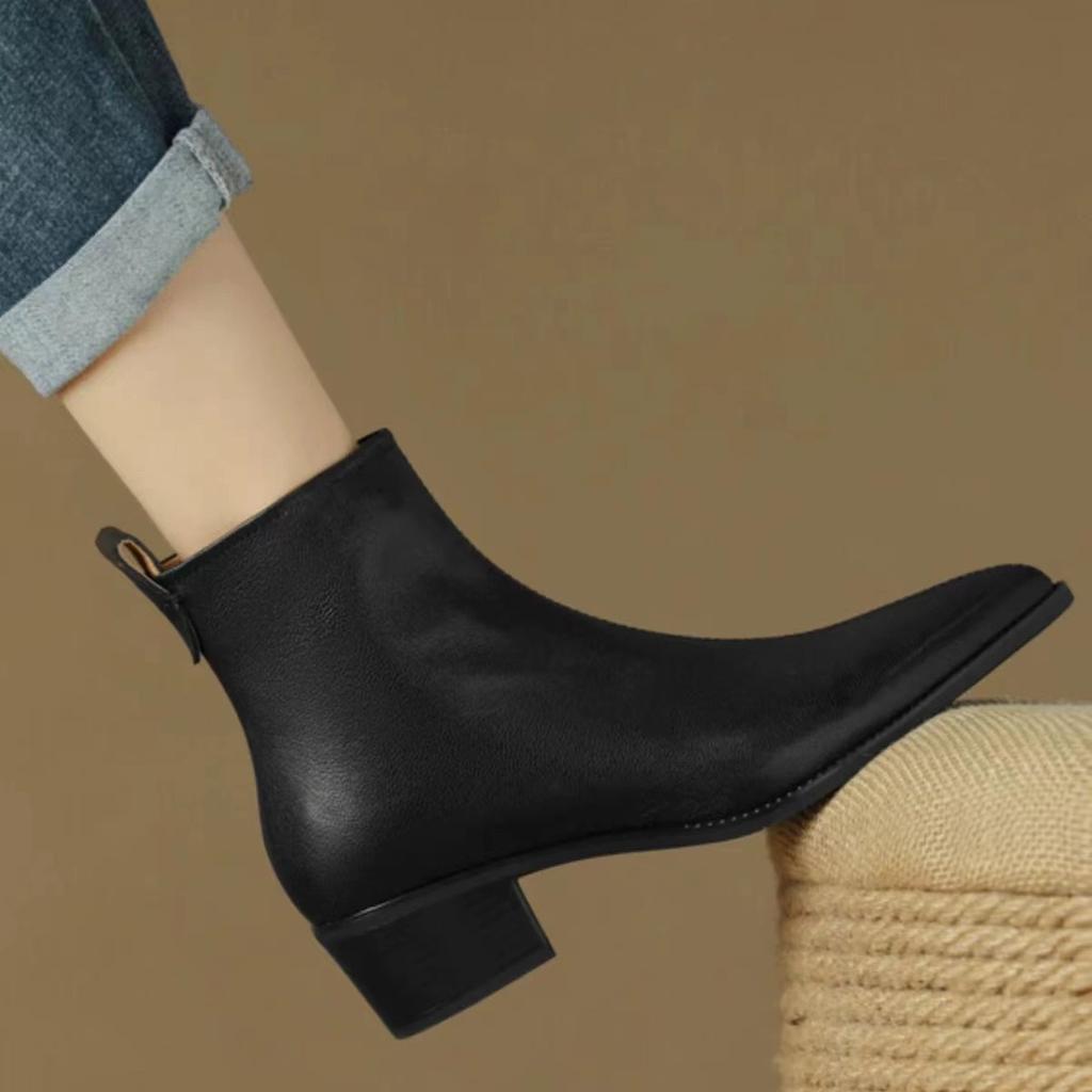 Black Leather Women Ankle Boots Side Zipper Decor Flats Leather Chelsea Boots Vintage Brown Autumn Knight Boots Women