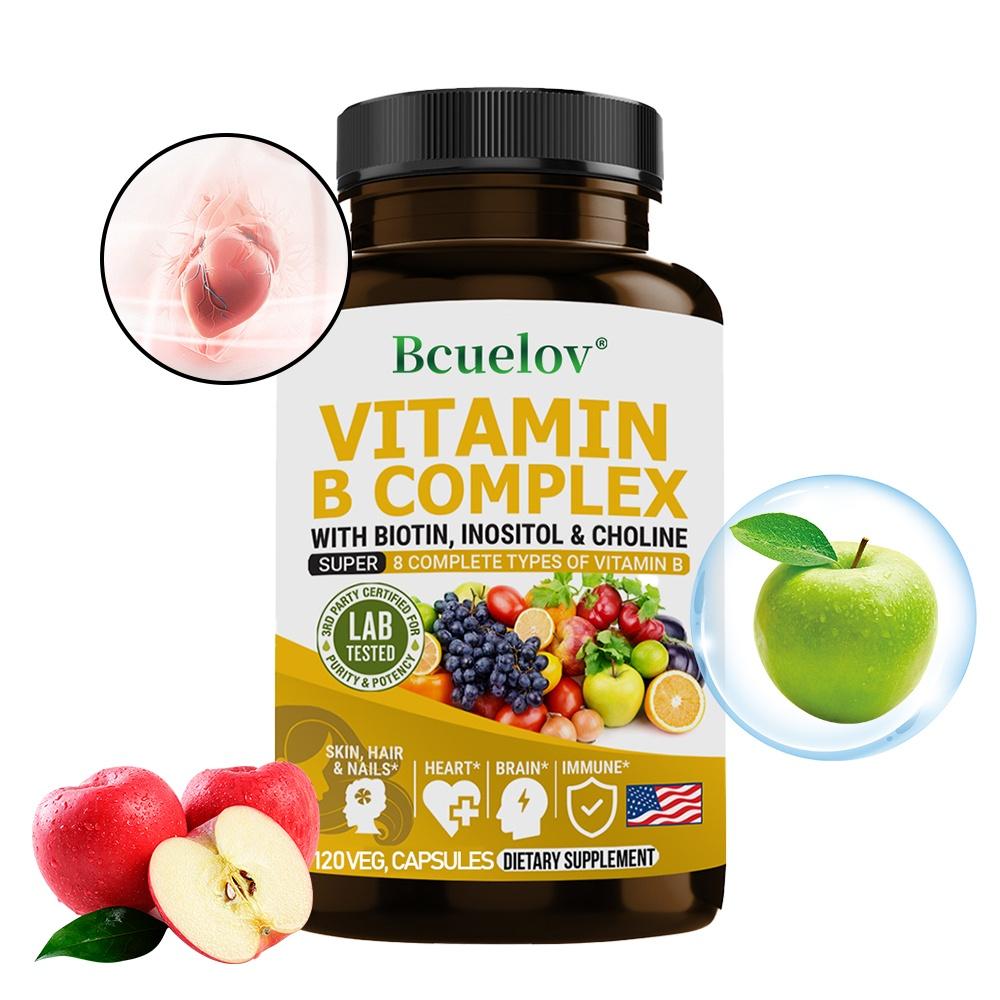 Bcuelov Vitamin B Complex Supplement with Biotin, Inositol & Choline, 8 Complete B Vitamins, High Potency, 120 Caps
