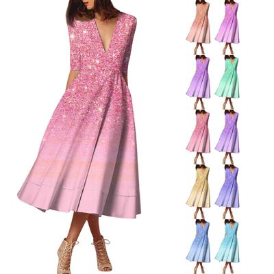 Damenmode, mittellanges Kleid mit mittellangen Ärmeln, Farbverlaufsdruck, sexy Kleid mit V-Ausschnitt