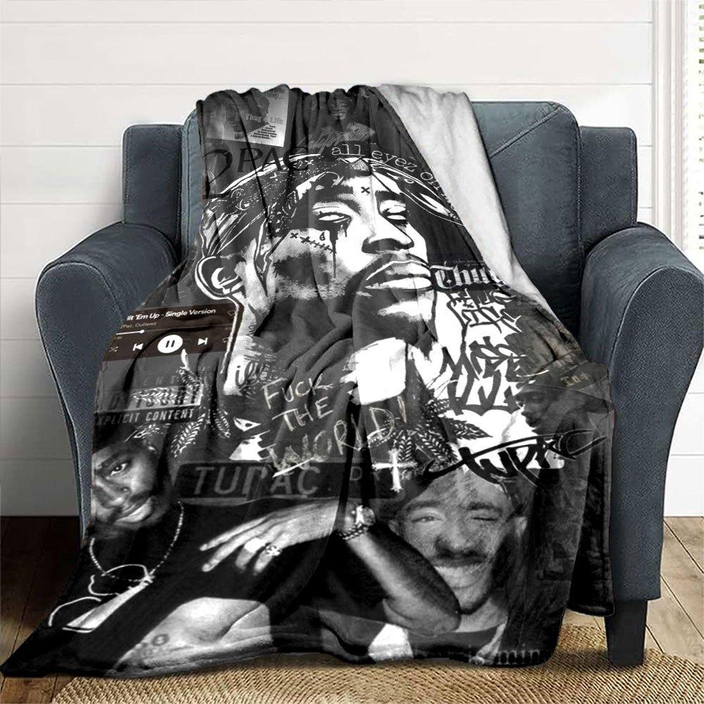 1pc 2Pac Hip Hop Blanket Soft Lightweight All Season Multi Purpose Throw for Sofa, Bed, Office & Picnics, French Style with Iconic Album Art & Quotes