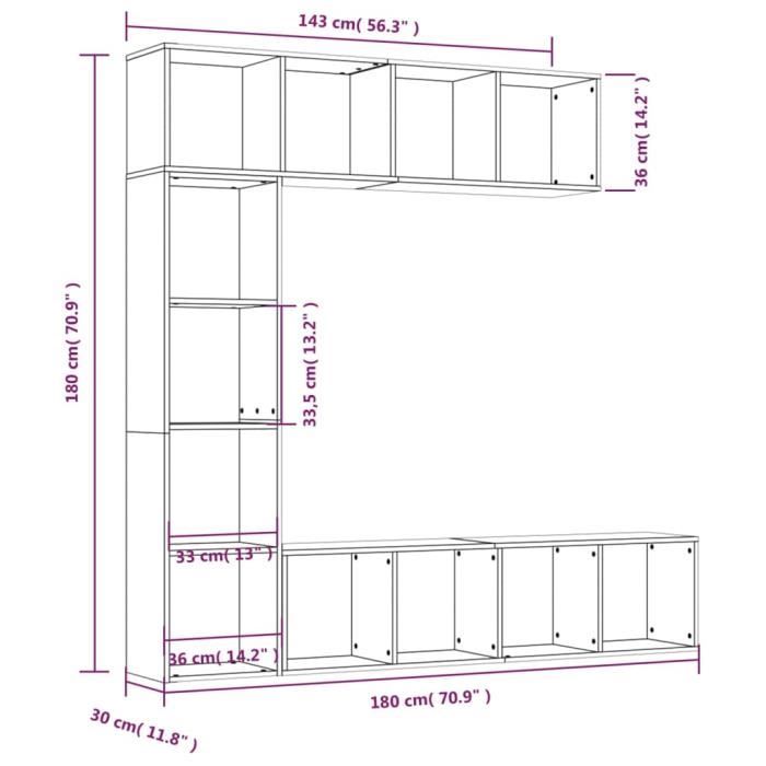 3152714 vidaXL 3-piece Bookcase-TV Unit Set Sonoma Grey 180x30x180 Cm