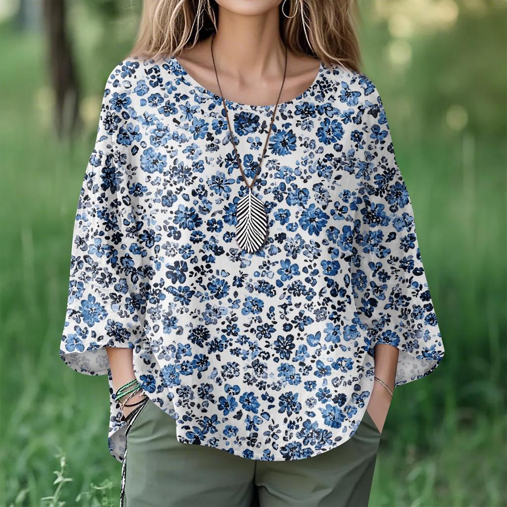 Summer Tops For Women Cute O Neck 3/4 Sleeve Blouses Floral Print Top Casual Shirts