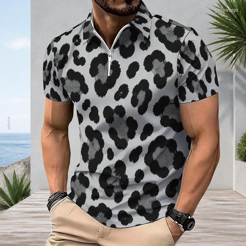 Men Plus Size Short Sleeve Quarter Zip Collared Blue Camouflage Printed Polo Shirt