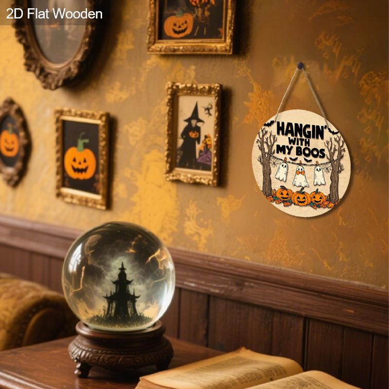 Rustic Halloween Wooden Sign with Ghosts & Pumpkins Pattern - Figurine Ornaments - Ideal for Front Door, Wall Decor - Ideal Halloween Gift for Friend