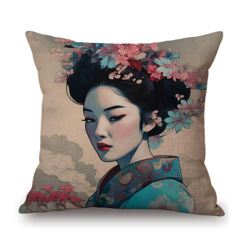 Pretty Japanese Girl Geisha Sakura Lovely Beautiful Woman Asian Culture Art Decorative Sofa Pillow Case Linen Cushion Cover