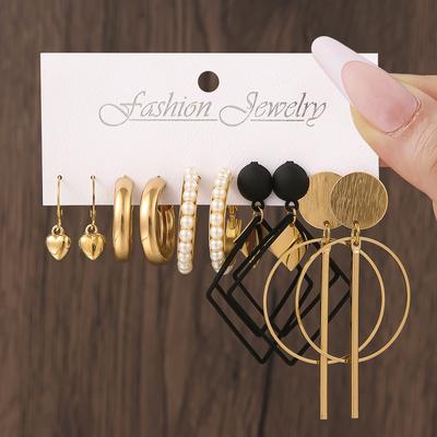 Women Bohemian Retro Geometric Tassel Pearl Ear Drop Earring Set