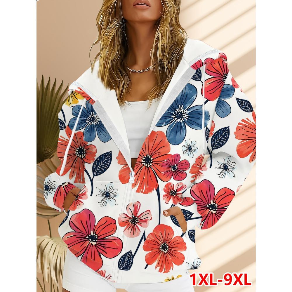 Plus Size Women's Floral Print Zip Hoodie/Loose Casual Cardigan Top