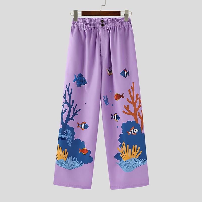 INCERUN Men Casual Loose Elastic Waist Printing Long Pants Trousers with Pockets