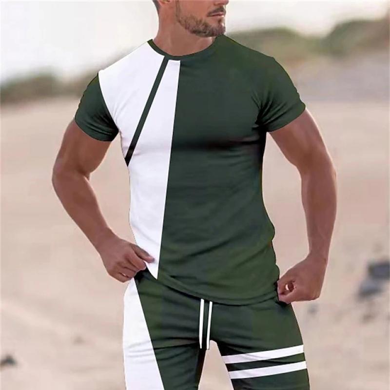 Men Clothes T-shirt Suits Tracksuit Color Block Crew Neck Outdoor Street Short Sleeve 2pcs Apparel Spring and Summer