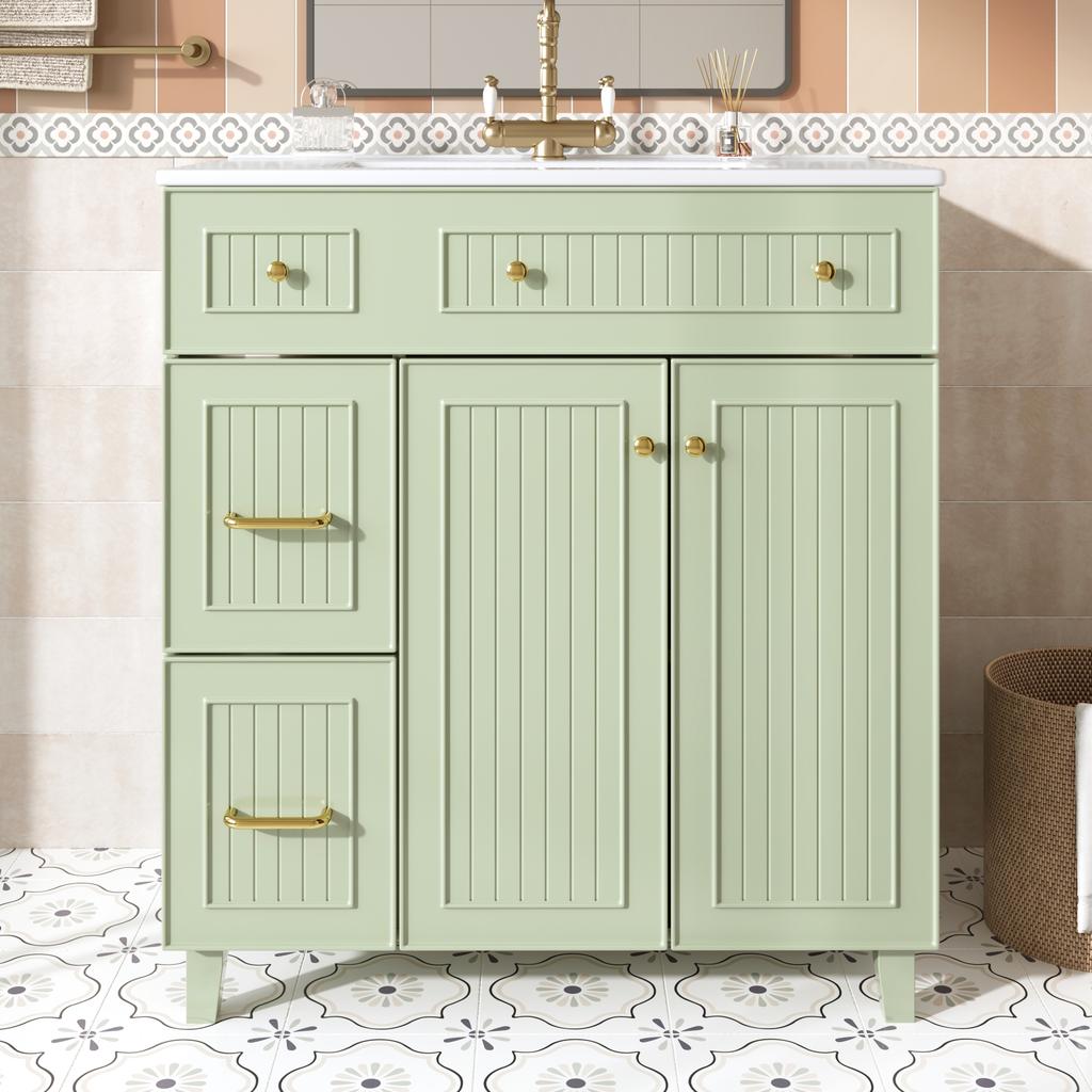 Mobile da Bagno con Lavabo 81,7 cm - Superficie Laccata, Spazio di Archiviazione Multifunzionale e Piedini in Legno Massello in Design Moderno di Lusso - Verde