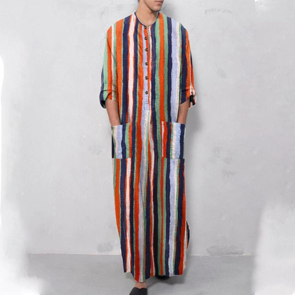 Striped Gradient Stand Collar Robe - Men's Long Sleeve Southeast Asia/Middle East Style