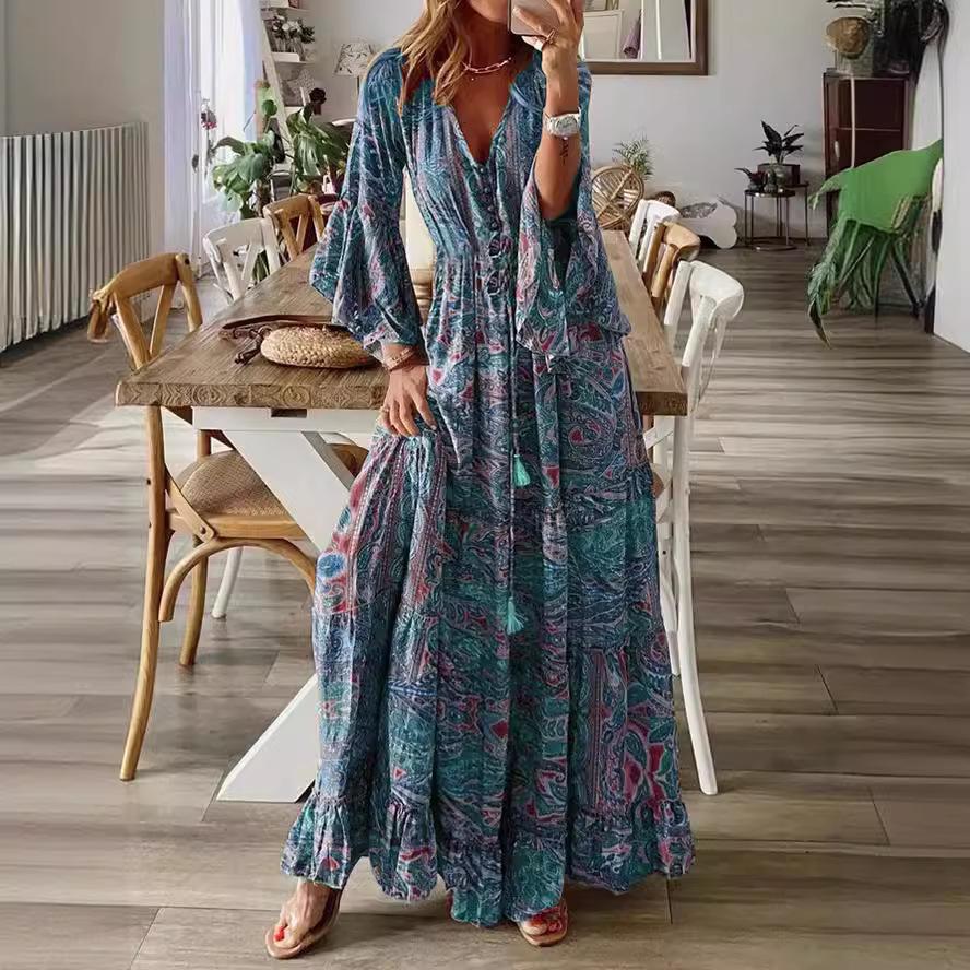 Bohemian Bell Sleeve V-neck Floral Vacation Maxi Dress