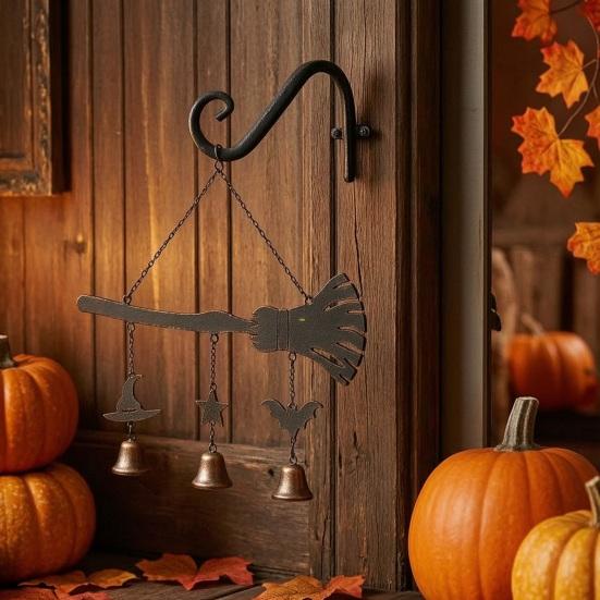 Garden Wind Chime Gift Halloween Broomstick Witch Bells, Vintage Gothic Metal Hanging Window Sill Decoration for Door Wall Porch Indoor Outdoor Decor