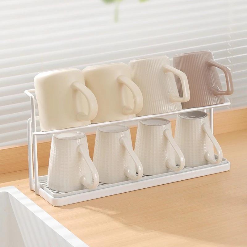 Double-layer Cup Rack with Drain Tray Rack for Kitchen Table Top Glass Cups, Tea Cups, Coffee Cups and Water Cups Organizer Shel