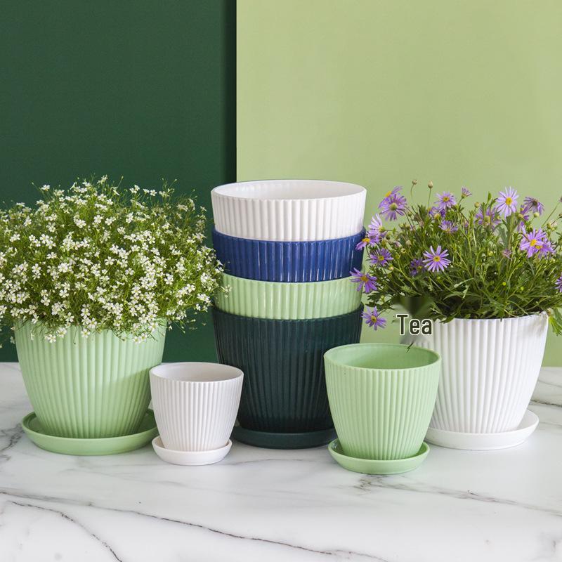 Thickened Plastic Resin Flower Pot: Imitation Ceramic with Vertical Stripes, Colored for Succulents and Floral Decor.