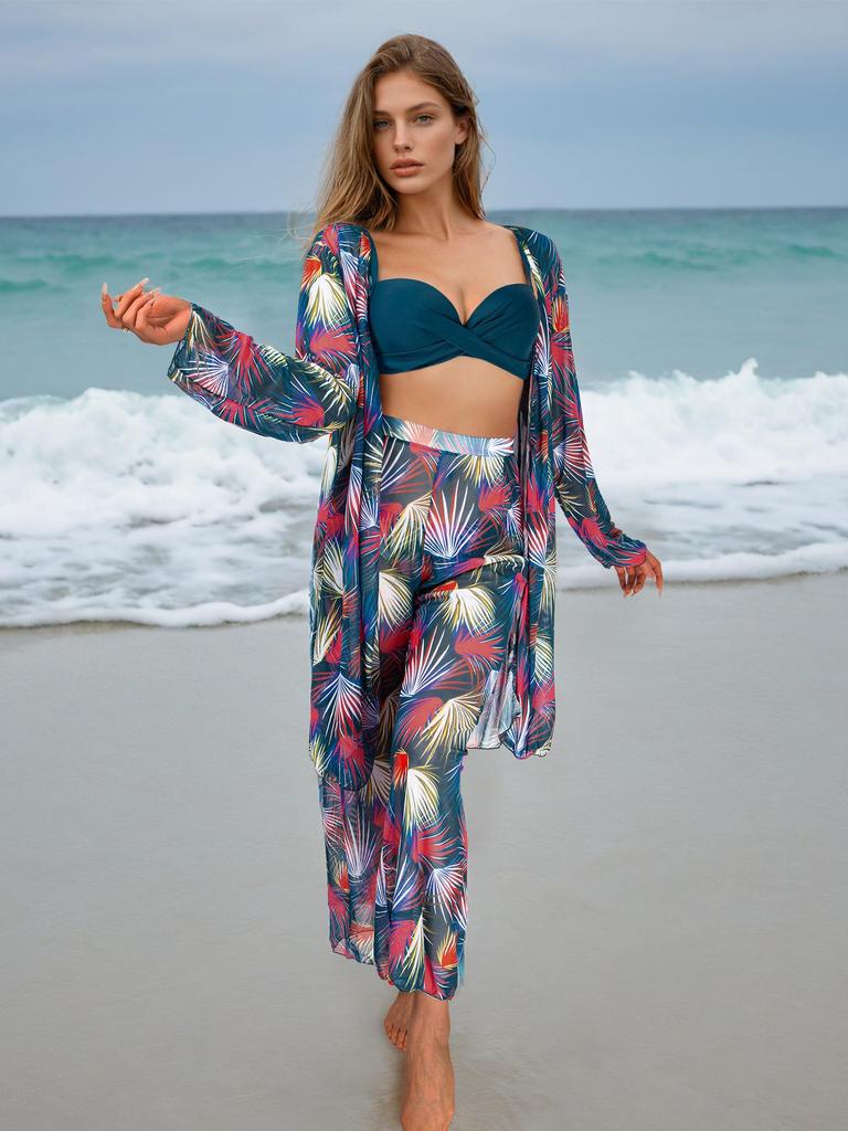 2026 Women's Four-Piece Bikini Set with Sun Protection: Includes Long-Sleeved Cover-Up, Trousers, and Swimwear for Beach or Hot Springs.