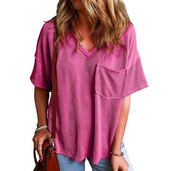 T-shirt da donna scollo a V manica corta T-shirt con finiture a taschino tinta unita casual top larghi abbigliamento quotidiano