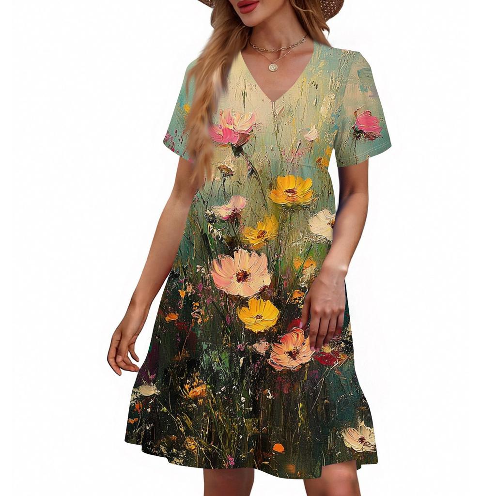 Women's Casual Fashion V-Neck Short Sleeve Floral Print Dress