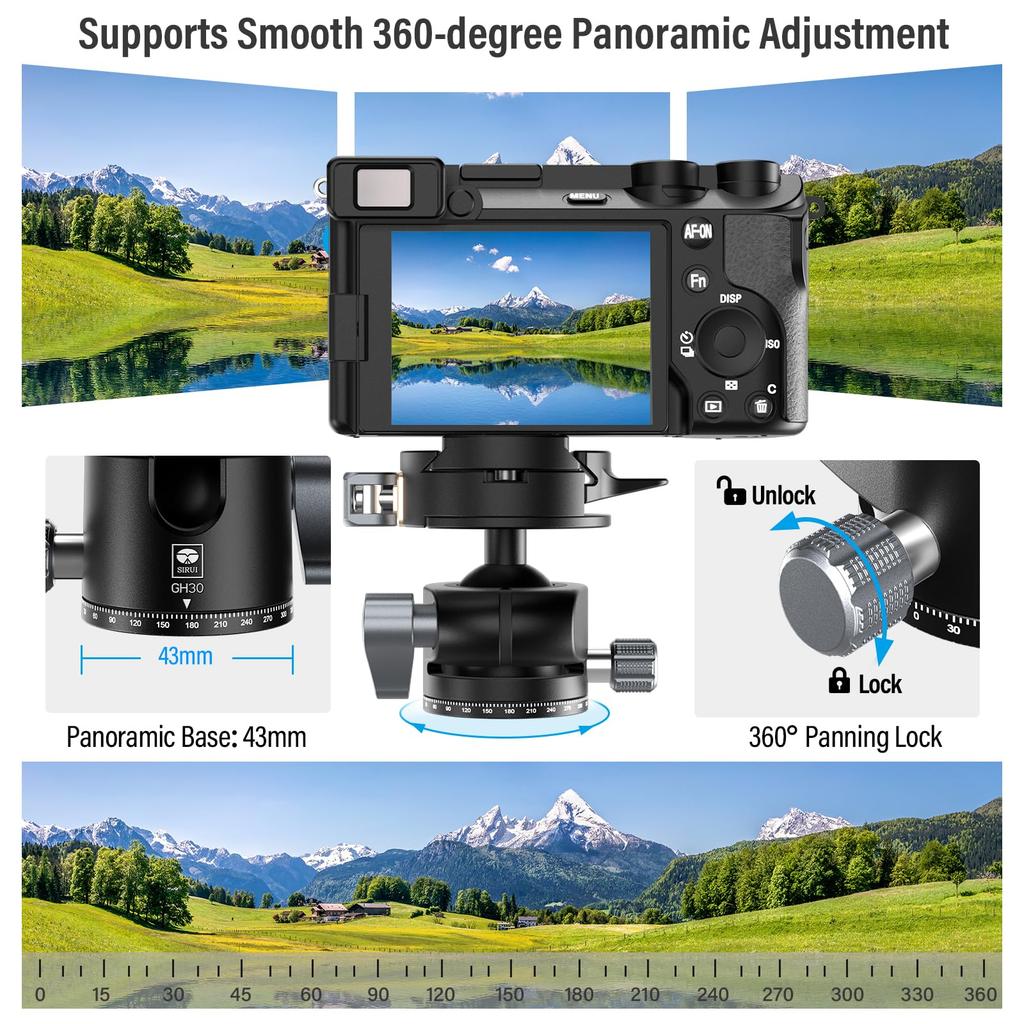SIRUI Quick Release System Tripod Panoramic Metal Camera Ball Head Mount with and Screw Holes for and Max Load GH30 Low-Center-of-Gravity Low-Profile