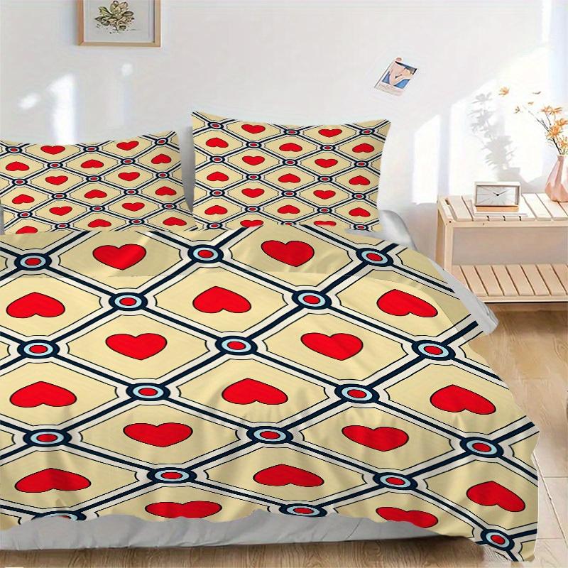 3Pcs Heart Pattern Printed Bedding Set, Breathable And Soft, Machine Washable, Christmas Gift, Suitable for Bedroom Decoration, 15141