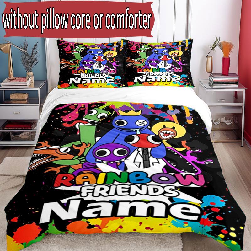 3pcs Duvet Cover Set (1*Duvet Cover + 2*Pillowcase, Without Core), Custom Name Game Rainbow Friends Pattern Bedding Set, Home Bedroom Decor Gift