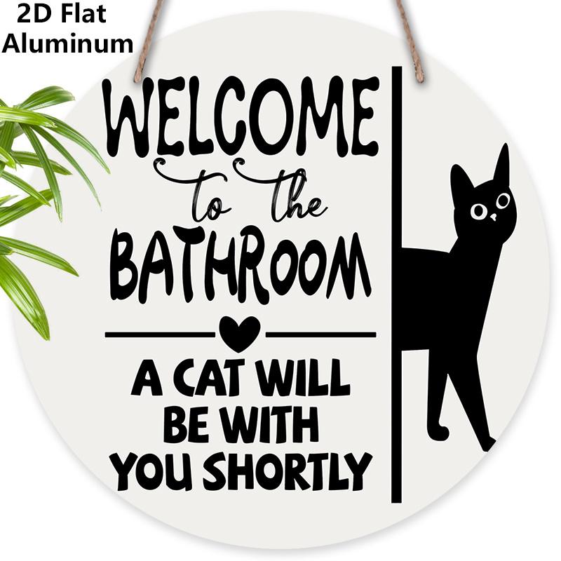 

2D Flat Aluminium Bathroom Welcome Sign with Black Cat Pattern - Funny Decorative Sign & Plaque - Ideal for Bathroom Wall Decoration - Home Hanging 7.87×7.87inch