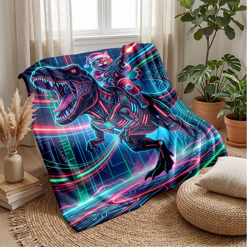 Cyberpunk Dinosaur Pattern Blanket Personalized Name Flannel Blanket Soft Cozy Plush Throw for Sofa Bed Lightweight Home Decor