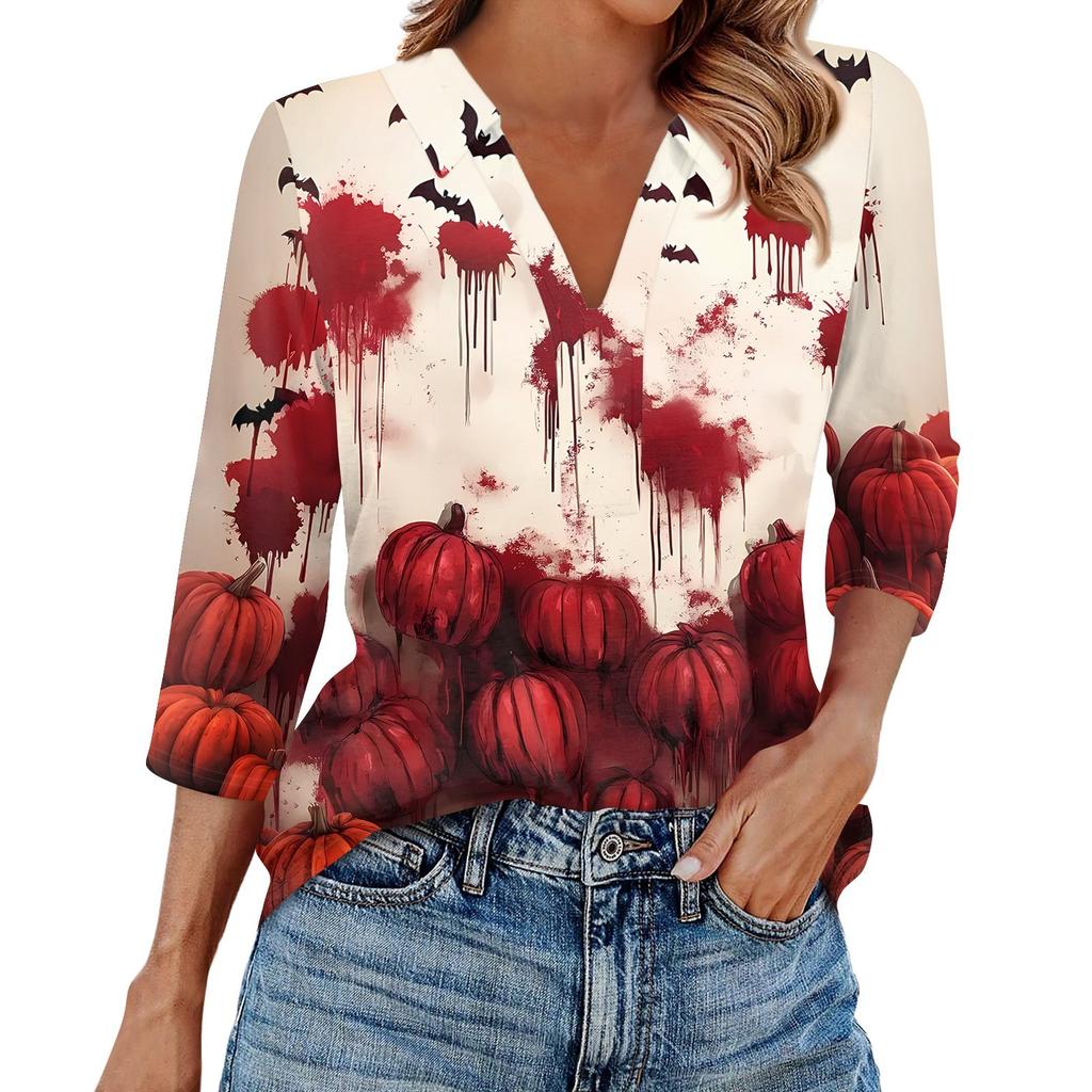Women's Fashion Casual Lapel 3/4 Sleeve Halloween Print Shirt Women's V-Neck Tops