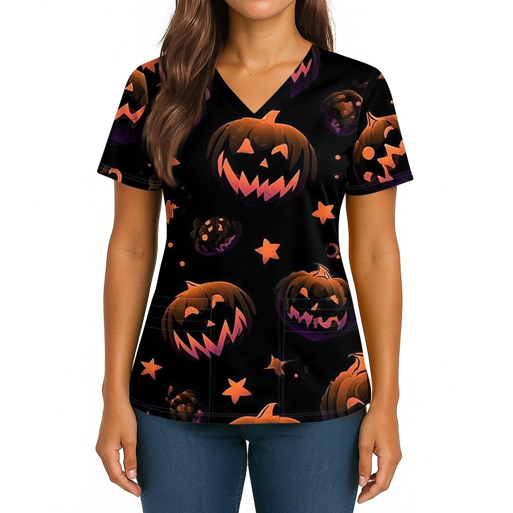 Dámský halloweenský potištěný top s výstřihem do V, dvojitou kapsou, krátkým rukávem a rozparkem na lemu, uniforma pro pečovatelky