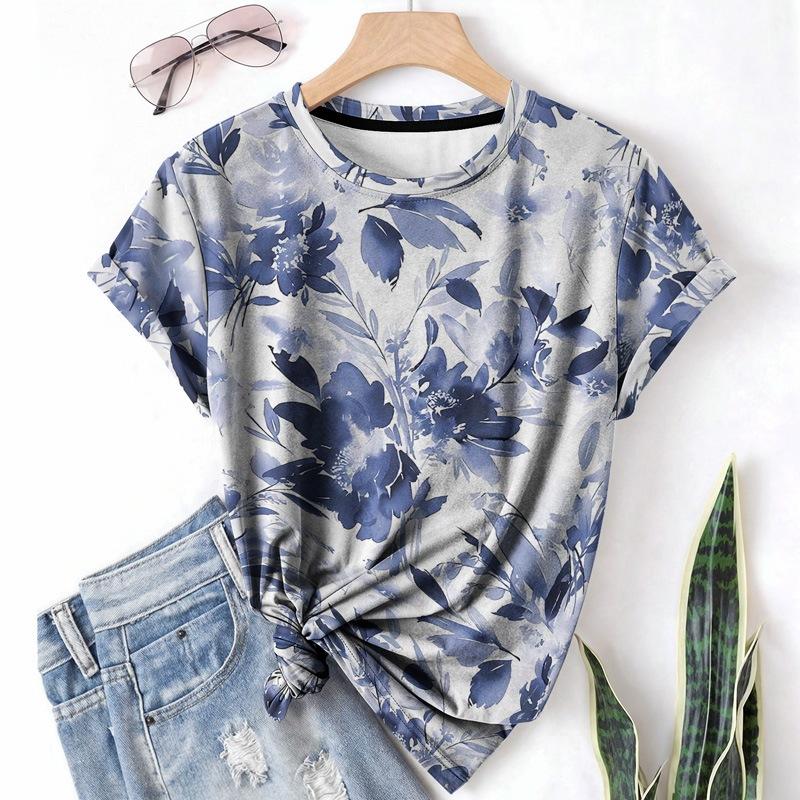 Fashion Women's Crew Neck Short Sleeve 3D Floral Color Printing Floral Short Sleeve Crew Neck T-Shirt
