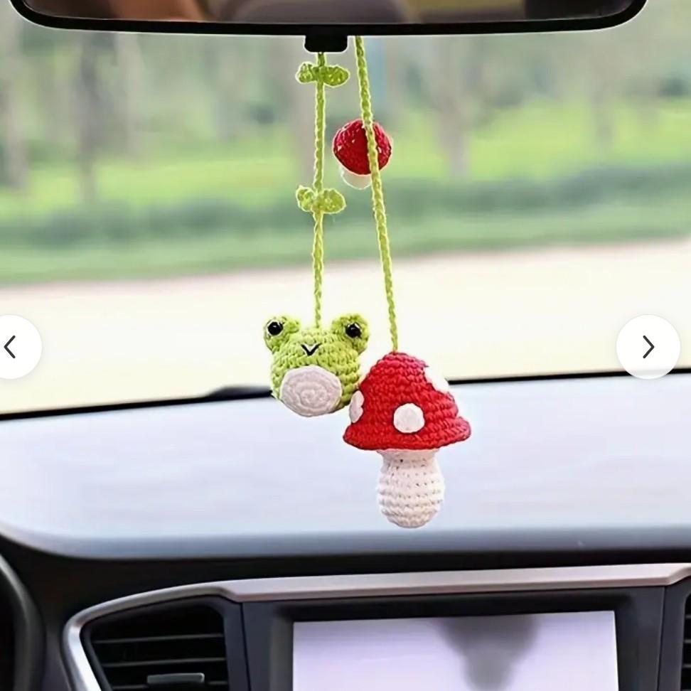 Car Knitted Bee Mushroom Car Ornament with Flower Automotive Car Bee Rearview Glass Charm Pendant Car Accessories for Bee Lovers