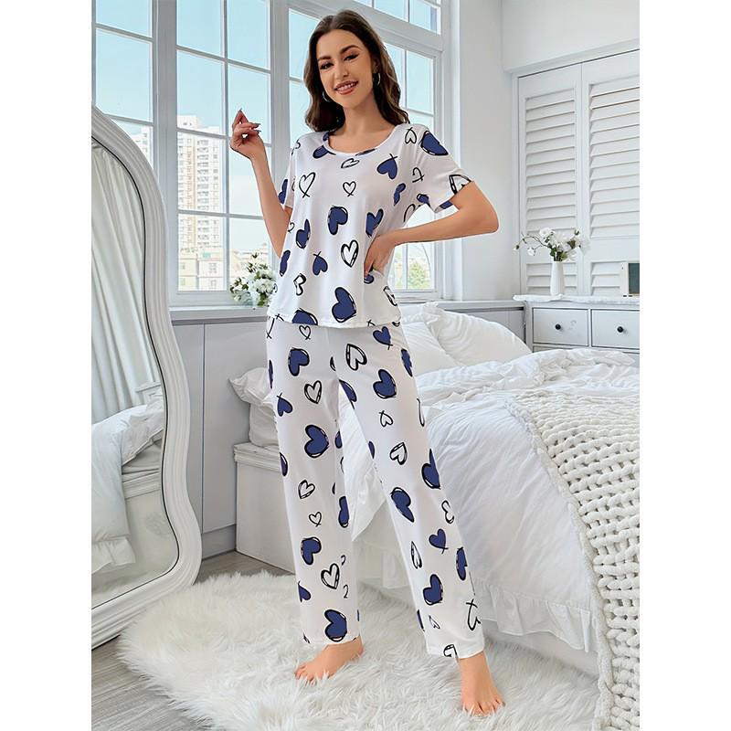 Women's Heart Print Silk Pajama Set - Short Sleeve Top & Long Pants