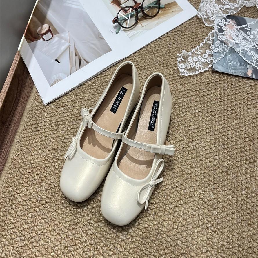 Leather version~ Leather French retro flat-bottomed bow light-mouth single shoes women's new silver Mary Jane evening shoes