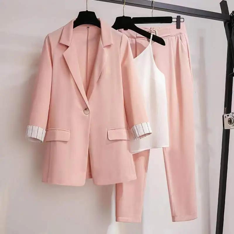Frühling Übergröße Koreanischer Eleganter Damenanzug Damenblazer Freizeithose Tweedanzugjacke Dreiteiliges Jacke-Hosen-Set