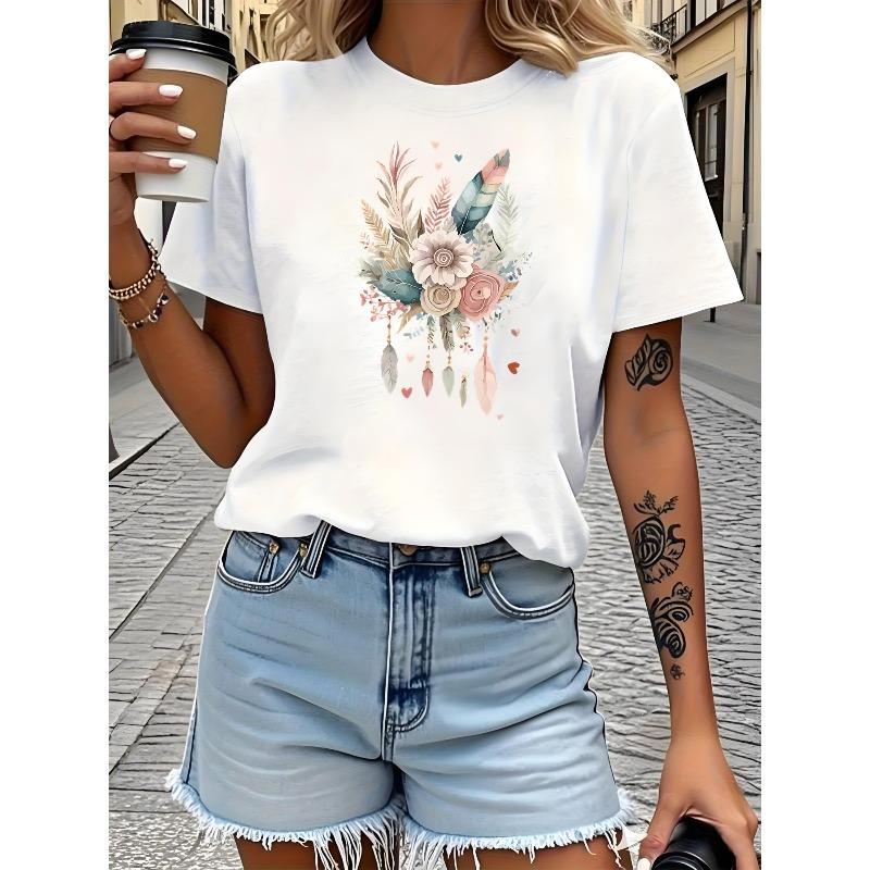 

Женская футболка с цветочным креативным принтом Модная Повседневная Элегантная Незаменимая для фестиваля Трендовый Топ S белый