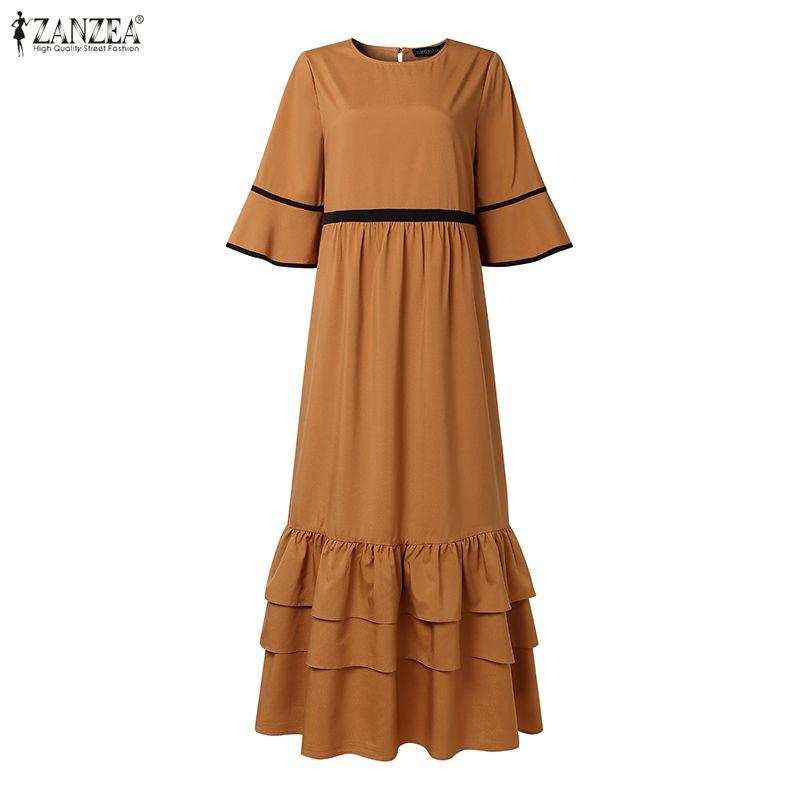 ZANZEA Women Casual Round Neck Short Sleeve Summer Ruffles Long Dress
