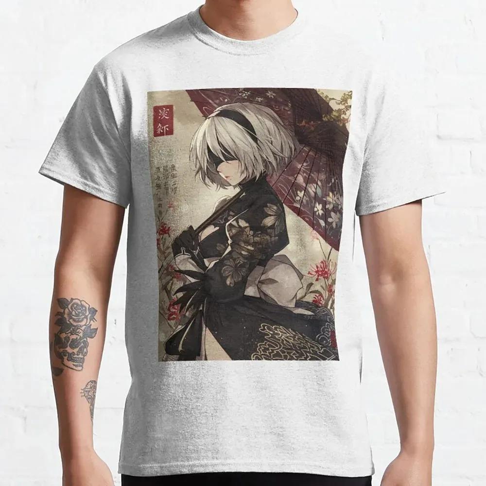

NieR Automata 2B Japanese Ukiyo-e Art Graphic T-Shirt Vintage Game Anime Grey Unisex Casual Streetwear T-shirt 4XL