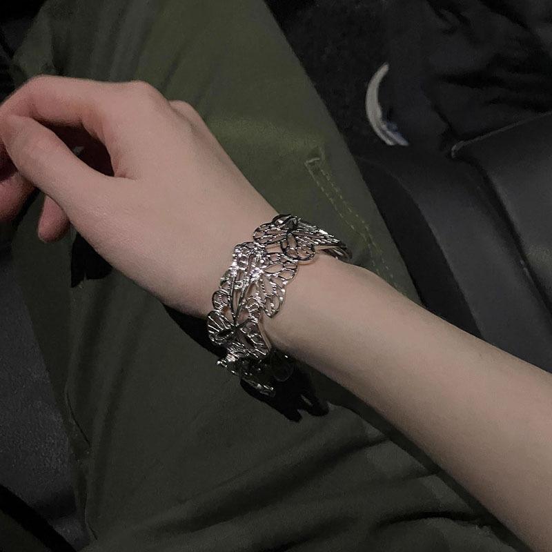silver  glossy irregular hollow out leaf butterfly bracelets for women unique design high-end Wide bracelet party