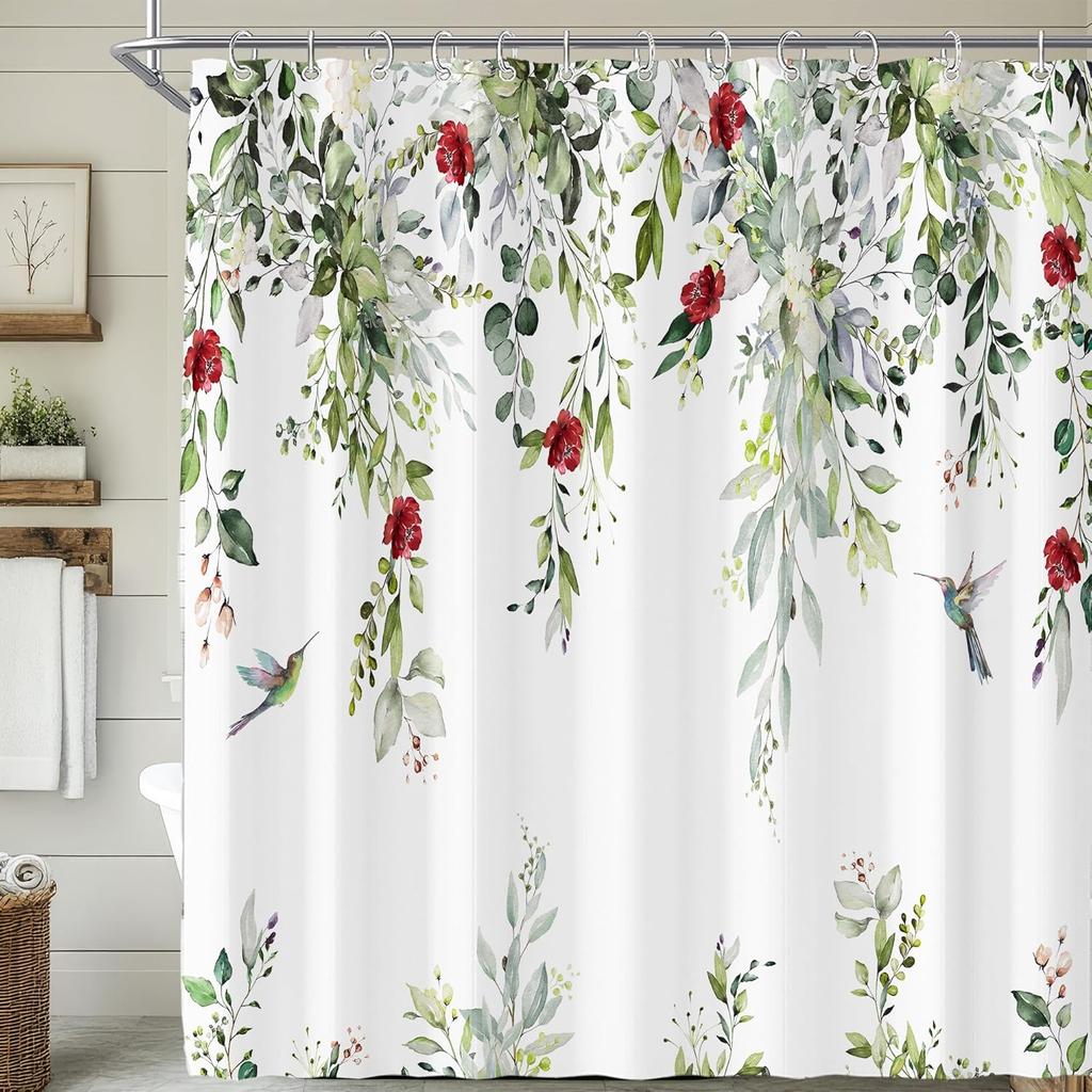 Red Floral Blossom Shower Curtain for Bathroom Plum Asian Japanese Cherry Blossoming Weeping Flower Bathtub Decor Waterproof