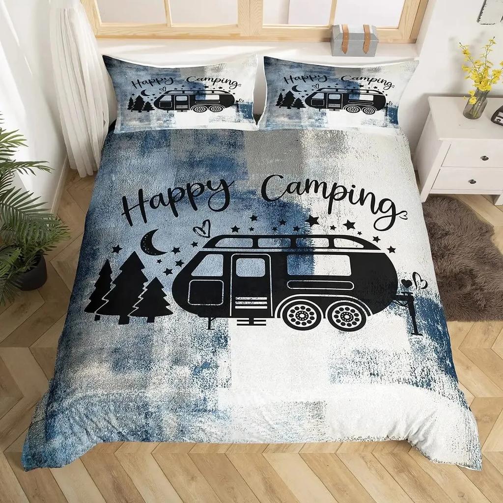 Happy Camping Bettbezug-Set Camper Bettdeckenbezug Vintage Alte Scheunentür Bettwäscheset Cowboys Holz Bauernhausstil Tagesdecke