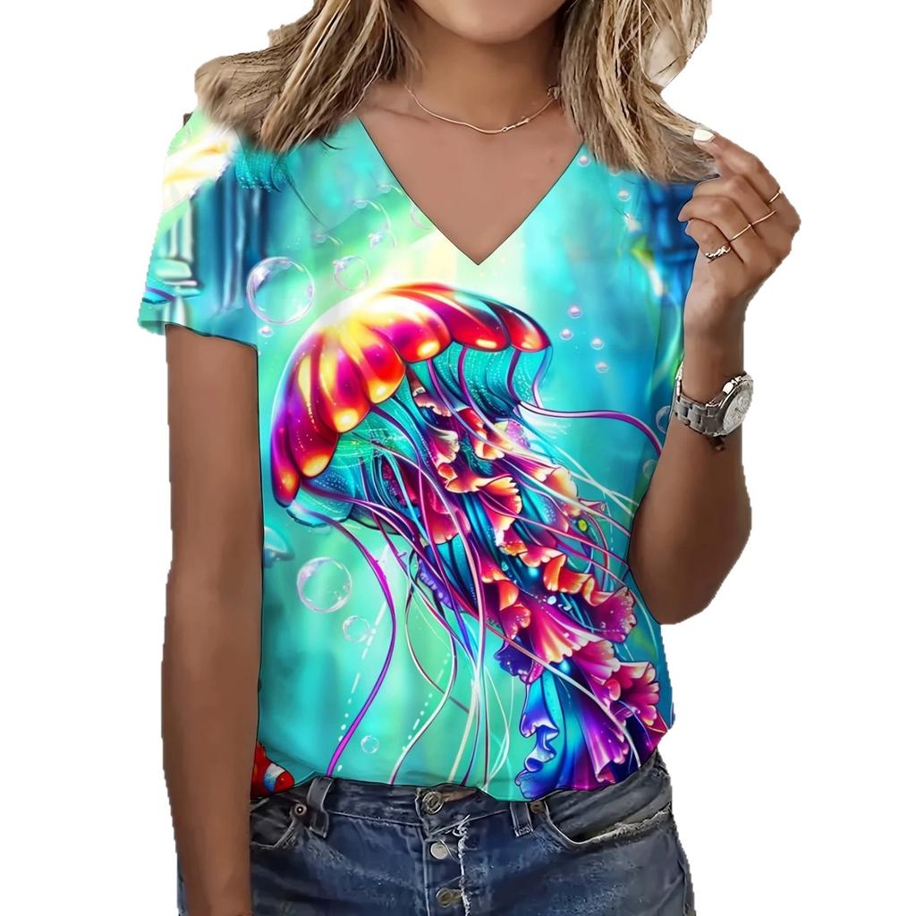 New summer new print casual v-neck T-shirt trendy creative elements suitable for casual T-shirts