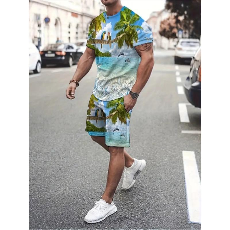 2025 Sommar Sportset 2-delars Herr 3D Färgblockerad Tryckt Kortärmad T-shirt Shorts Jogging Set Utomhus Street Herr Ligh