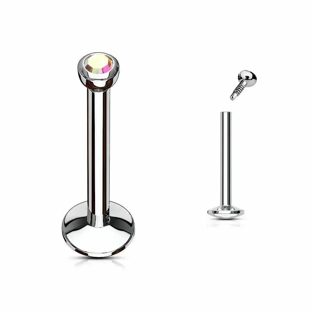 2X 2mm Multicolour Crystal Internal Thread Labret 6mm - 12mm Steel Ring Bar Ear Tragus Monroe Lip Stud Piercing