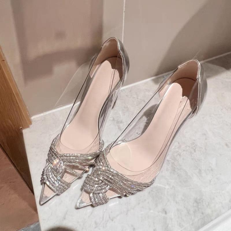 Brand Bling Bling Strassuri Pantofi Damă Mocasini Modă PVC Transparent Slingbacks Tocuri Înalte Stiletto Vară Femei Pantofi de Nuntă