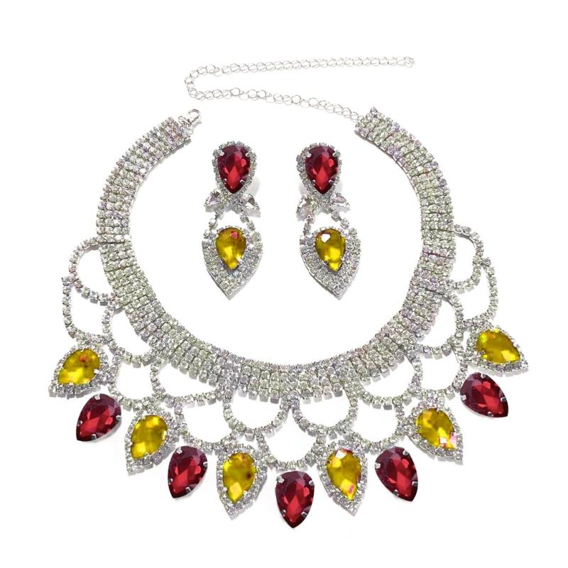 Exquisite Handmade Rhinestones Necklace and Earring Set Colorful Crystals Jewelry Set Suitable for Weddings and Parties
