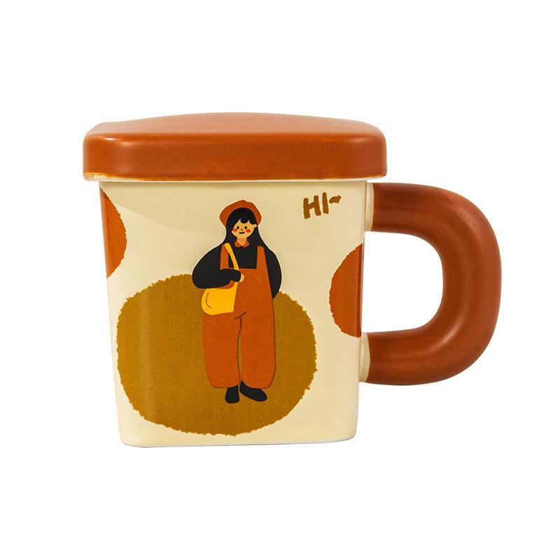 Cream Glue Square Couple Cup Ceramic Pair Mug with Lid Gift Cute Retro Boy and Girl